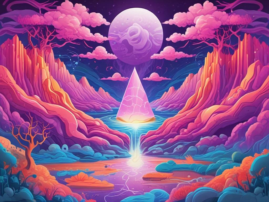 A surrealist ethereal landscape representing cryptocurrency evolution, featuring a living